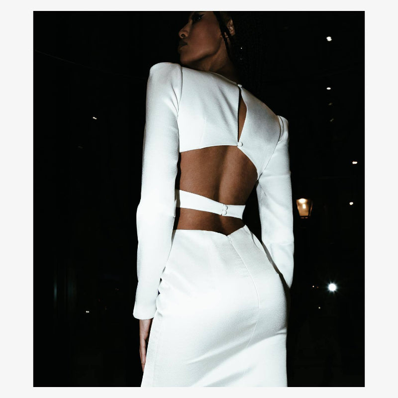 Women Evening Dress V-neck Bandage Dress Long Sleeve Simple Hollow Dress