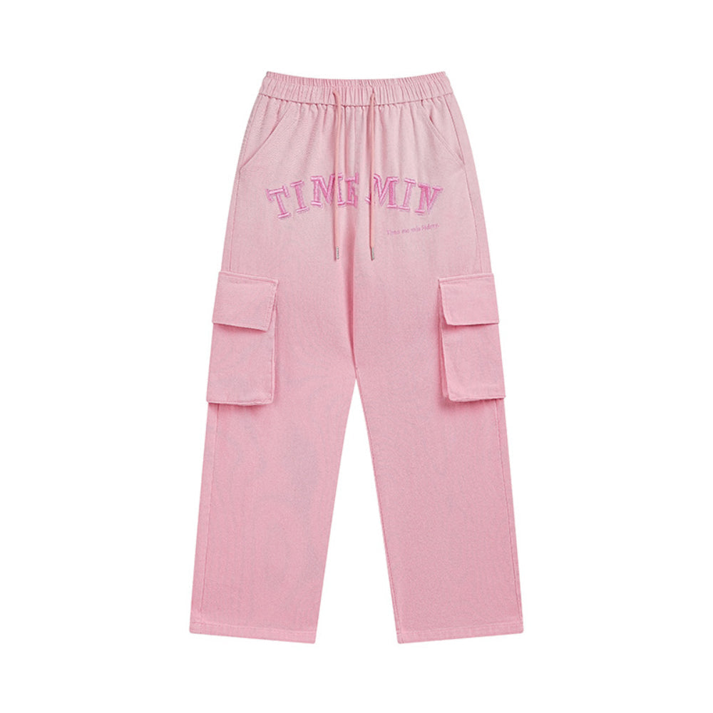 Men Sweatpants Wash Water Gradient Tie-Dye Straight-Leg Trousers Embroidery Loose Pockets Workwear Casual Pants