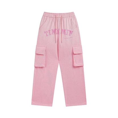 Men Sweatpants Wash Water Gradient Tie-Dye Straight-Leg Trousers Embroidery Loose Pockets Workwear Casual Pants