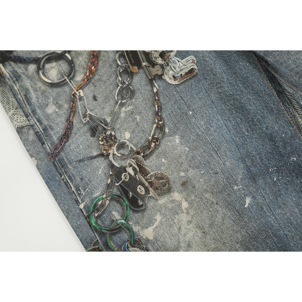 Unisex Pants Distressed Ink-splashed Loose-fitting Chain Jeans