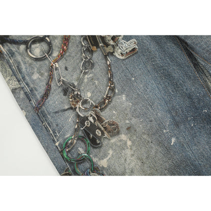 Unisex Pants Distressed Ink-splashed Loose-fitting Chain Jeans