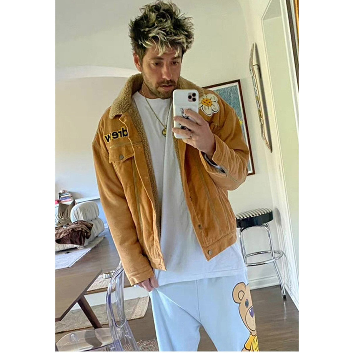 Unisex Denim Jacket Drew Embroidered Warm Lamb Fleece Denim Jacket