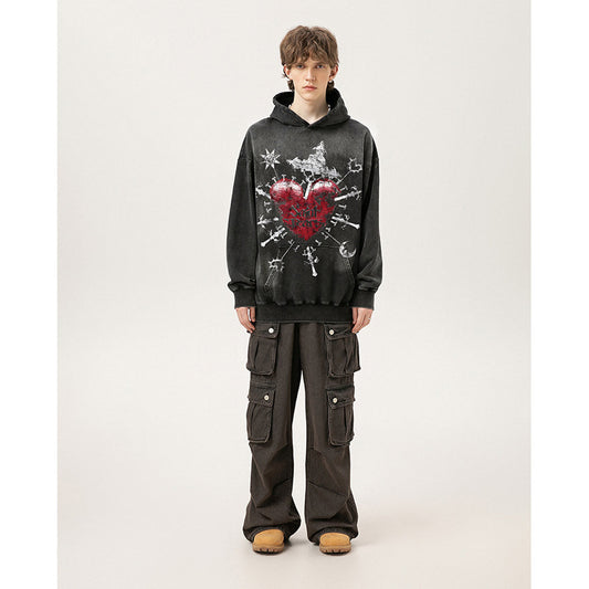 Unisex Hoodies Saint Michael Stung Heart Old Loose Hoodie