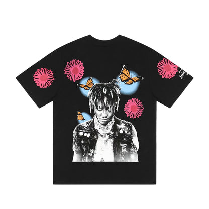 Vlone T Shirts Character Butterfly Red Flower Large V Printed Short Sleeve T-shirt Men and Women Hip Hop Half Sleeve