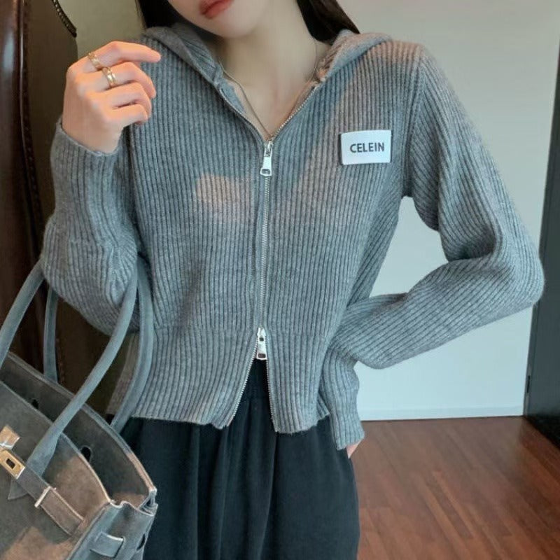 Women Knitwear Spring and Autumn Double Zipper Knitted Cardigan Jacket