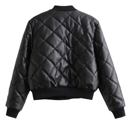 Women Cotton Coat PU Leather Jacket Stand Collar Cardigan Fashion