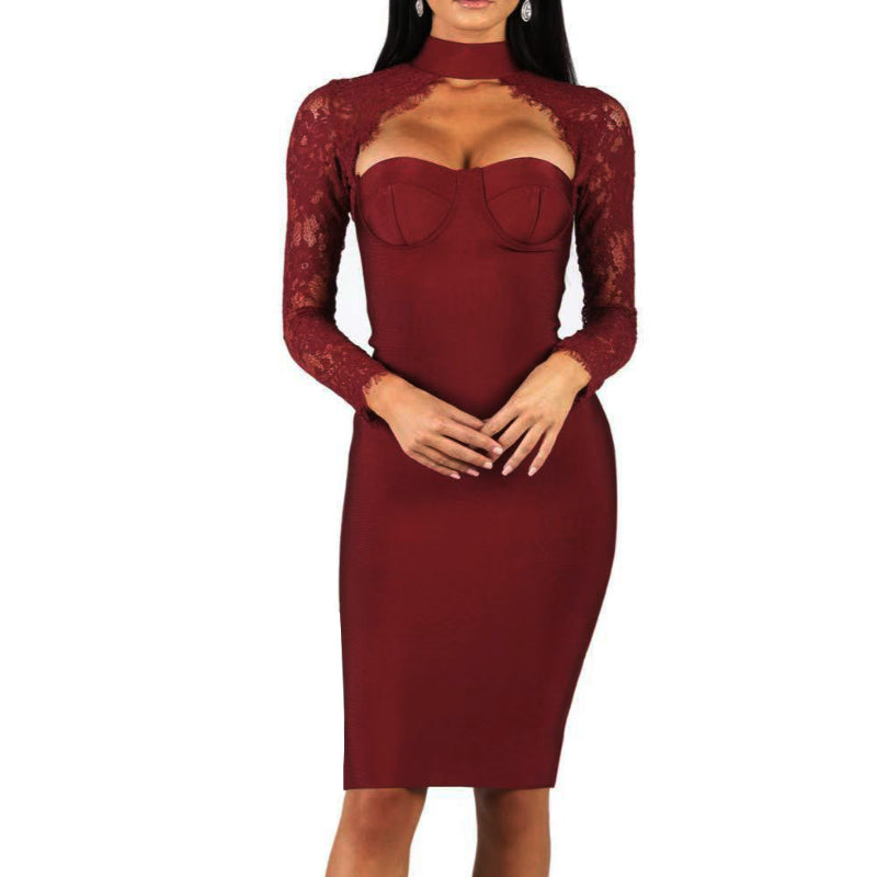 Women's Wedding Dress Sexy Lace Dress Bandage One-Piece Dress Autumn and Winter Long Sleeve