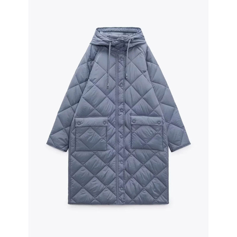 Women Cotton Coat Diamond Lattice Loose Decorative Blue Hooded Jacket