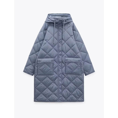 Women Cotton Coat Diamond Lattice Loose Decorative Blue Hooded Jacket