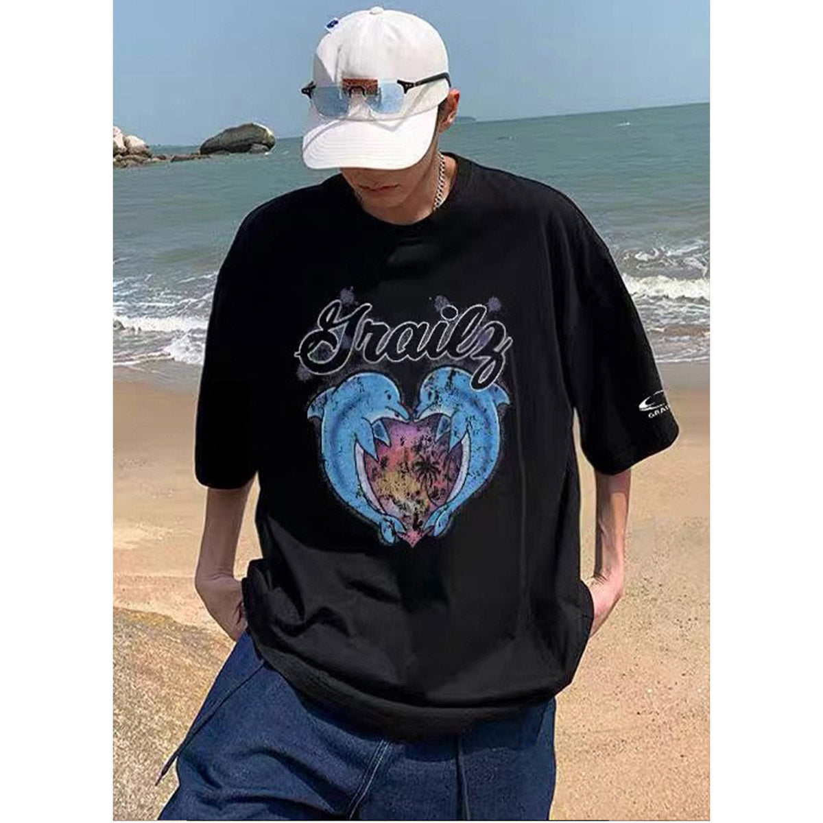 Unisex T-Shirts GRAILZ PROJECT G/R Dolphin Sunset Scene Print Loose T-Shirt