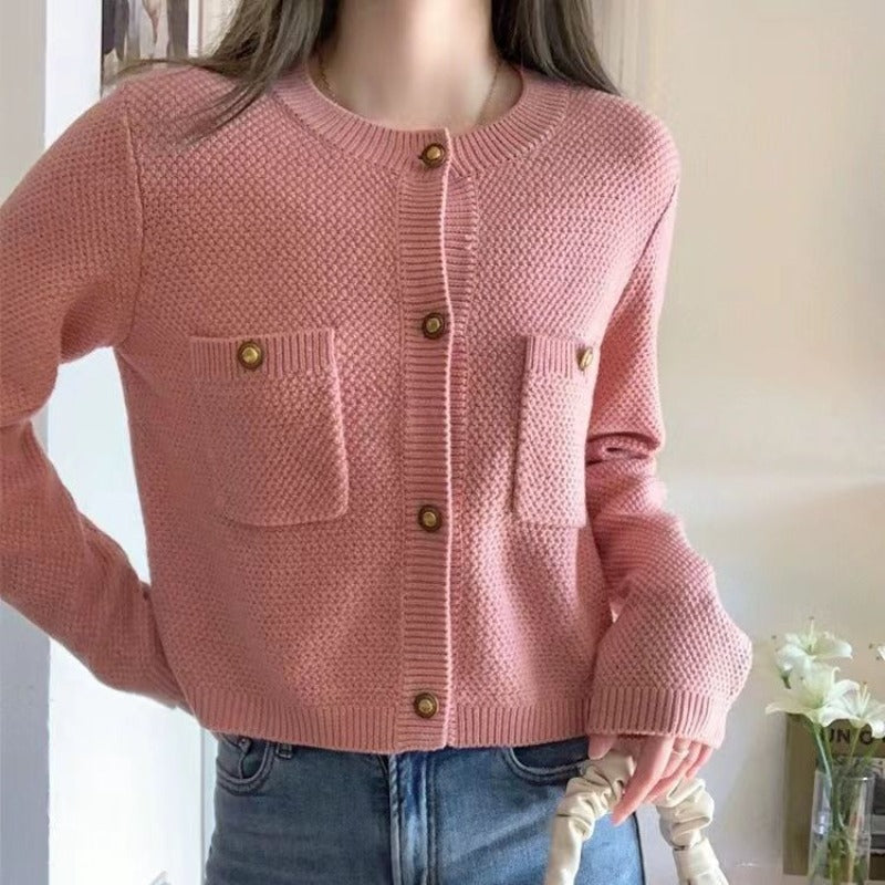 Women Knitted Cardigan Long-Sleeved Pink Knitted Cardigan Jacket