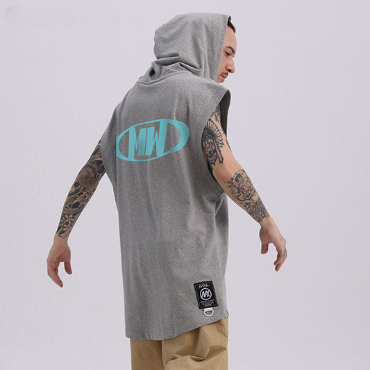 Men Vest Retro Hooded Vest Hip Hop Oversize Sleeveless T-shirt