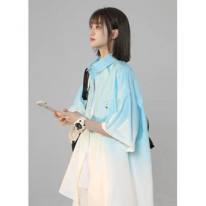 Men Shirts Gradient Color Short Sleeve Jacket Casual