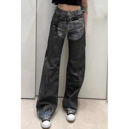 Unisex Pants Vintage Spliced Belt Trim Jeans
