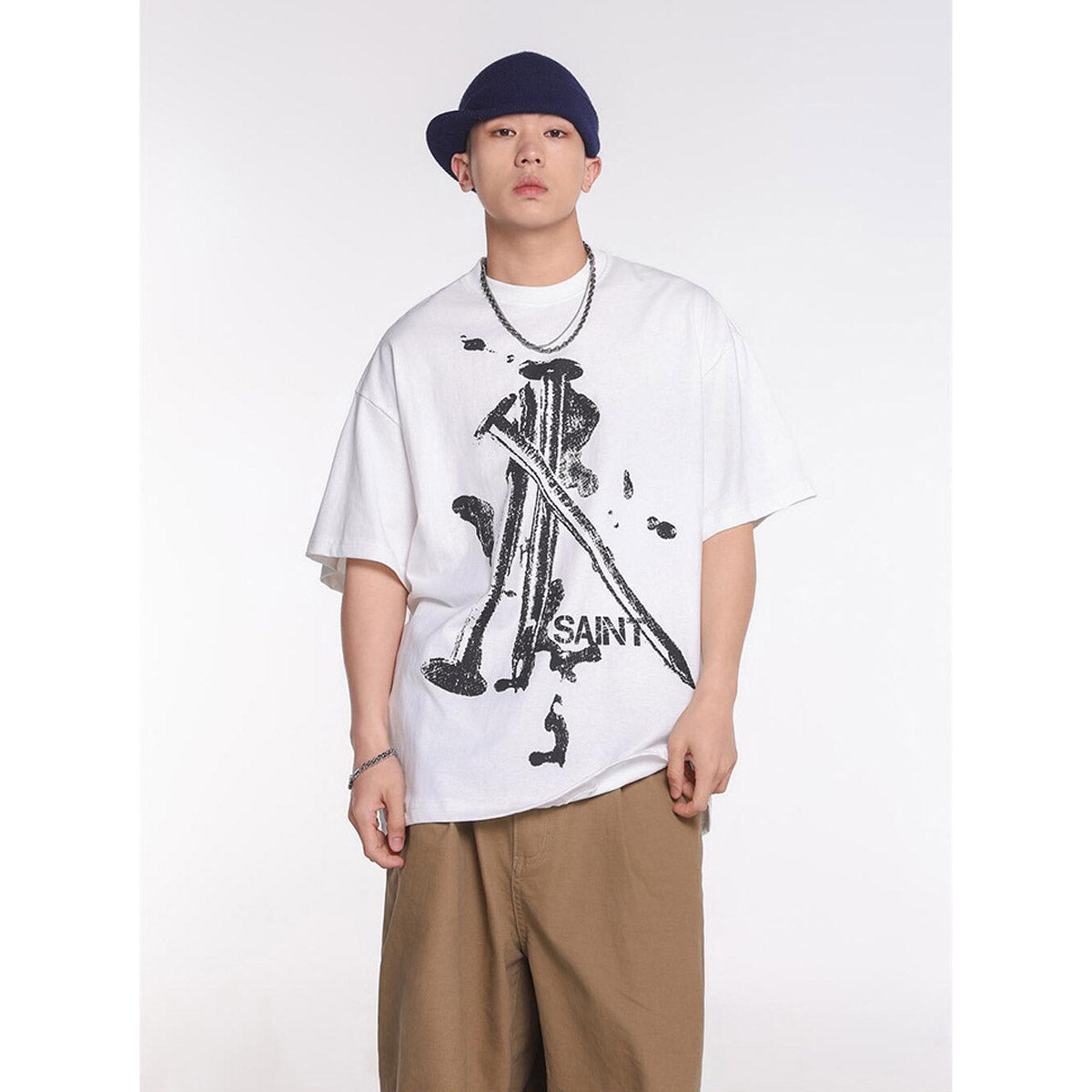 Unisex T-Shirts Saint Michael Fun Nail Print Casual Loose T-Shirt