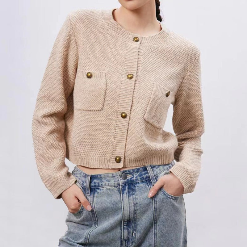 Women Knitted Cardigan Long-Sleeved Pink Knitted Cardigan Jacket