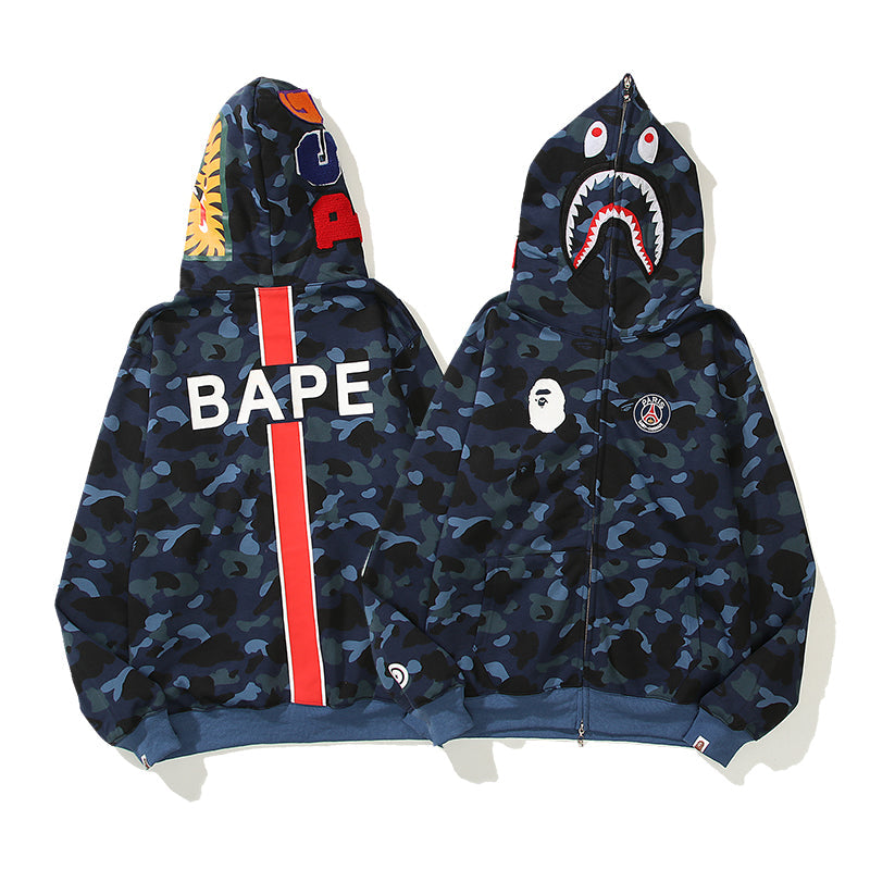 Striped Navy Designer Shark Full Zip Up Unisex Hoodie Y2K Style Streetwear Made with High-Quality Material