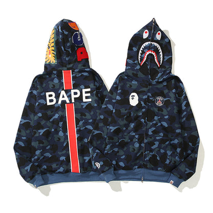 Striped Navy Designer Shark Full Zip Up Unisex Hoodie Y2K Style Streetwear Made with High-Quality Material