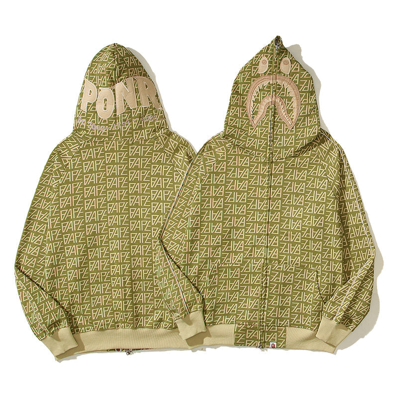 Graphic Olive Designer Shark Full Zip Up Unisex Y2K Style Streetwear Made with High-Quality Material