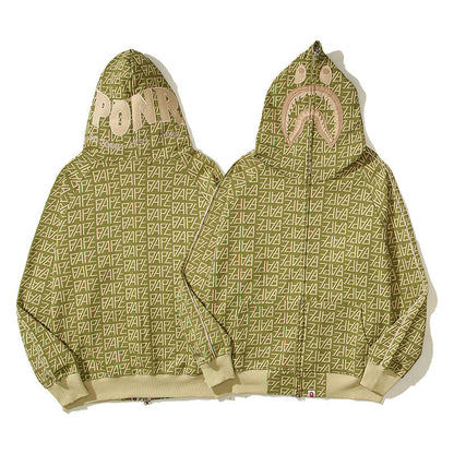 Graphic Olive Designer Shark Full Zip Up Unisex Y2K Style Streetwear Made with High-Quality Material